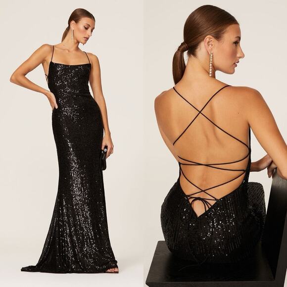 Mac Duggal Stretch Sequin Lace Up Back Evening Maxi Gown/Dress Black Size 8 - Picture 1 of 10